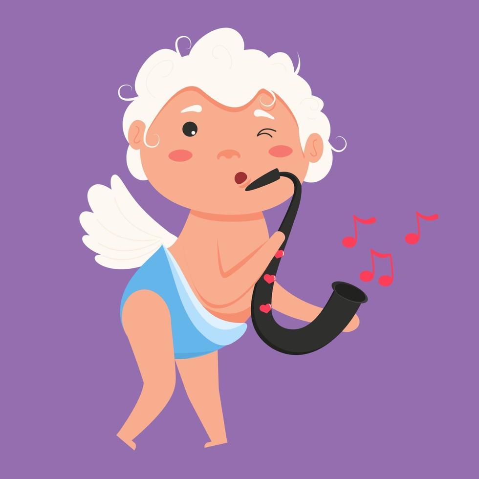 valentijn cupido liefde speelse engel. schattige jongen of meisje cupido. vliegende engel hou van muziek afspelen op saxofoon. vector