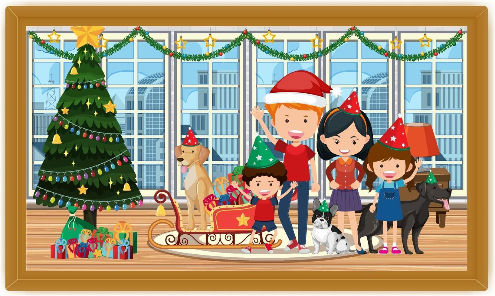 gelukkige familie in kerstkostuum in de woonkamer scènefoto in een frame vector