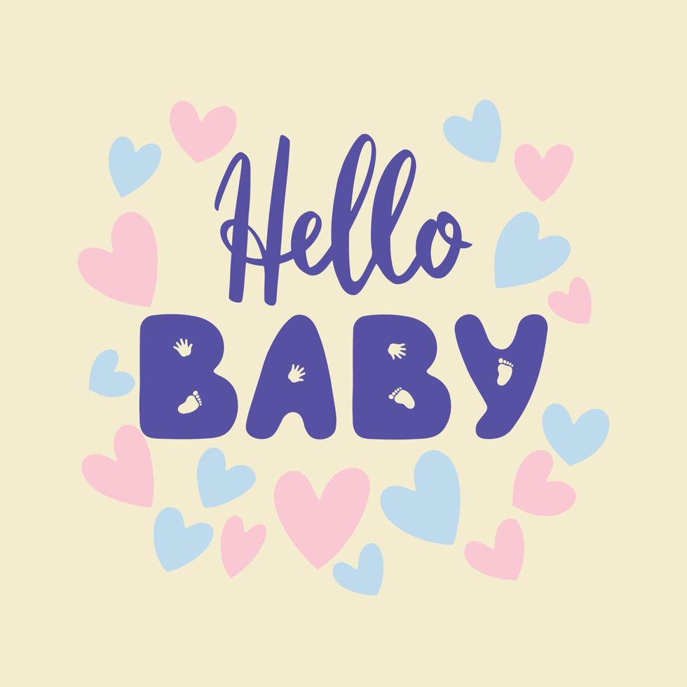 belettering Hallo baby met roze en blauw harten Aan een licht achtergrond. vector illustratie in tekenfilm stijl. voor ansichtkaarten, omhulsel papier, spandoeken, en vakantie decoraties.