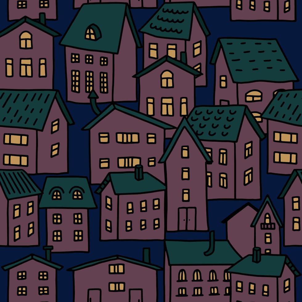 naadloos vector patroon met tekenfilm bordeaux huizen in tekening stijl. gelijkvloers huizen met groen daken. nacht stad. voor ansichtkaarten, behang, omhulsel papier en textiel.