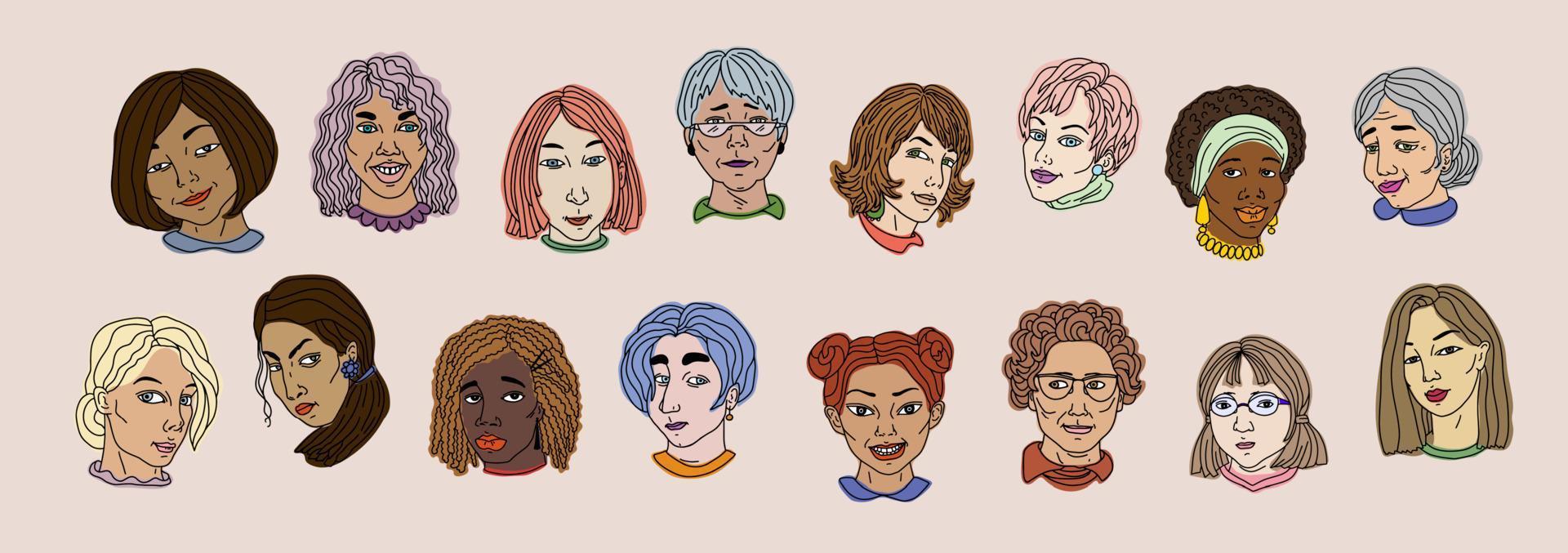 banier met Dames gezichten van verschillend nationaliteiten en leeftijden in een tekenfilm stijl. vlak vector illustratie. de concept van vrouwen solidariteit. voor sociaal media spandoeken, affiches, en andere decor.