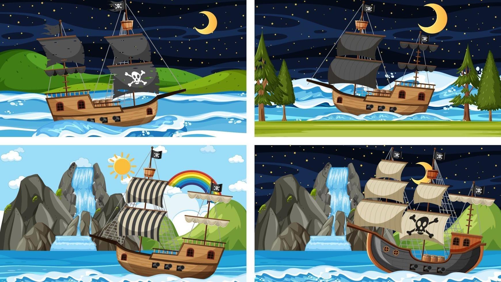 set van oceaan met piratenschip op verschillende tijdstippen scènes in cartoon-stijl vector