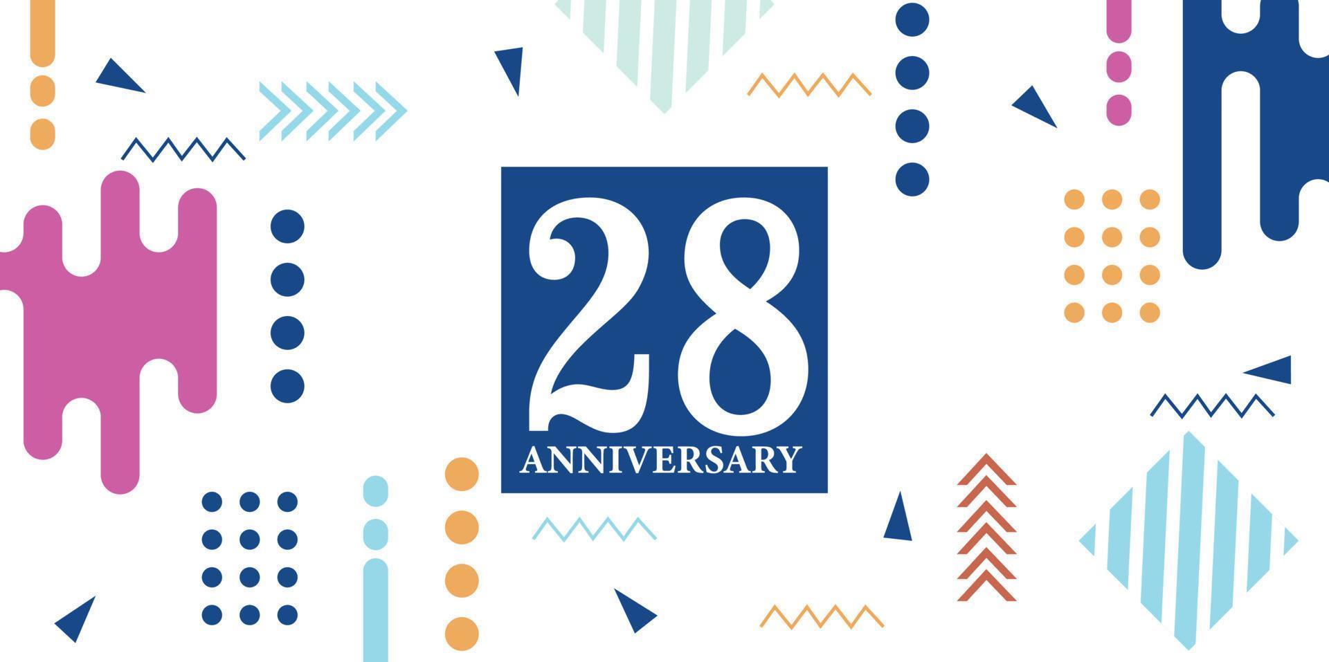 28 jaren verjaardag viering logotype wit getallen doopvont in blauw vorm met kleurrijk abstract ontwerp Aan wit achtergrond vector illustratie
