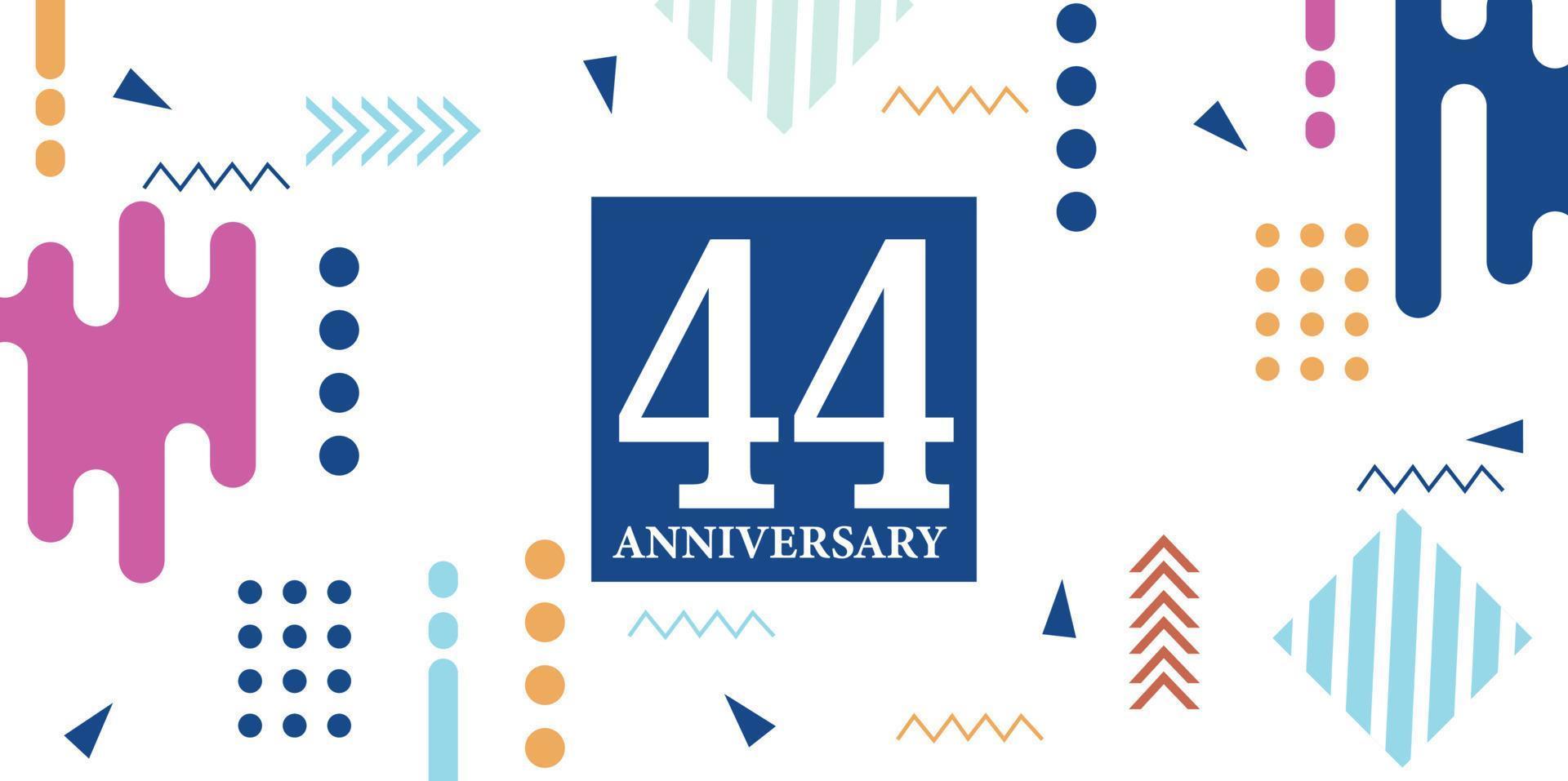 44 jaren verjaardag viering logotype wit getallen doopvont in blauw vorm met kleurrijk abstract ontwerp Aan wit achtergrond vector illustratie
