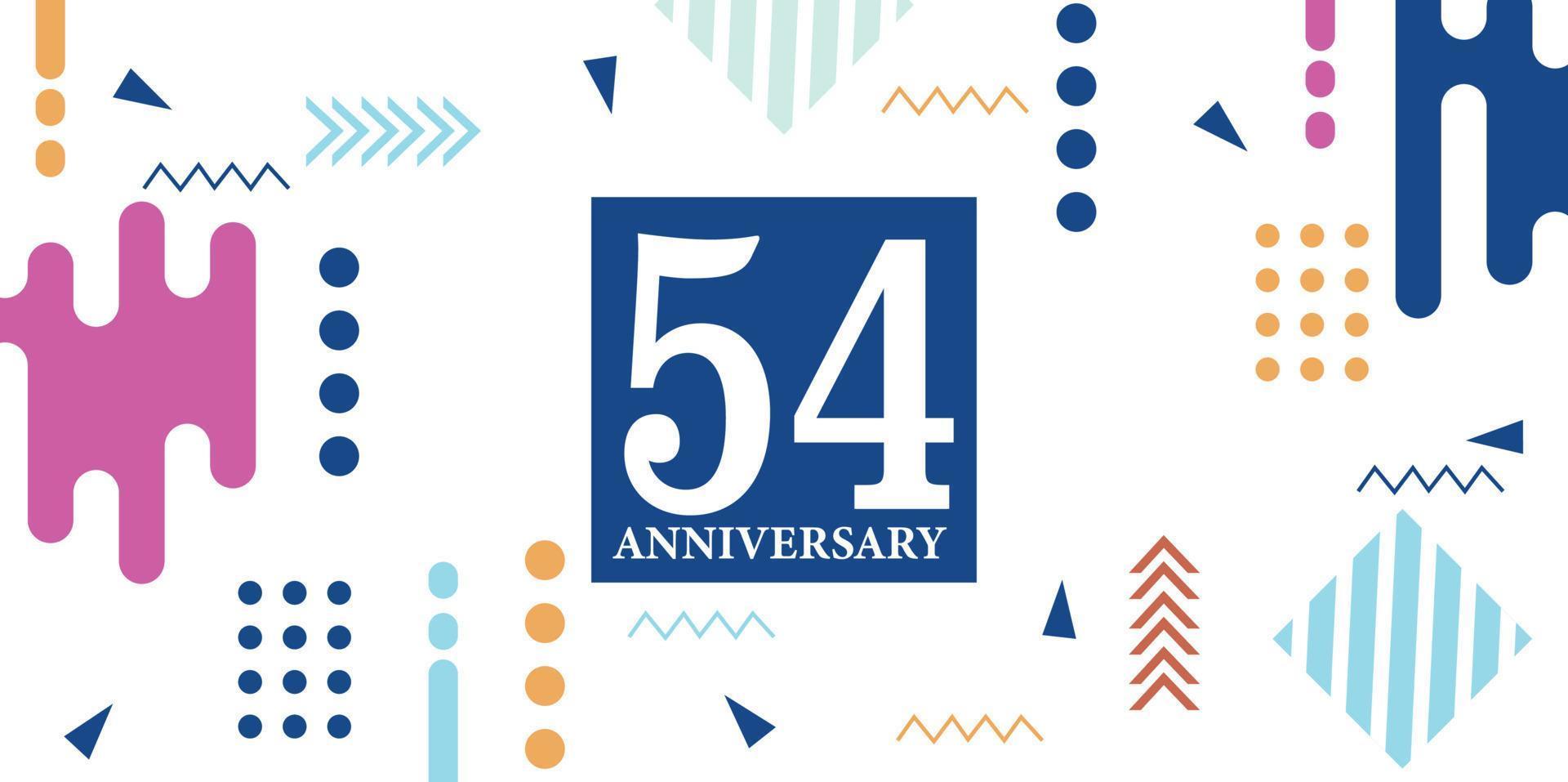54 jaren verjaardag viering logotype wit getallen doopvont in blauw vorm met kleurrijk abstract ontwerp Aan wit achtergrond vector illustratie