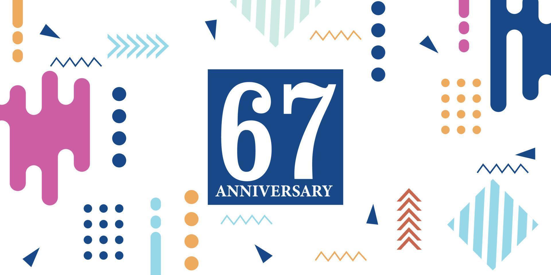 67 jaren verjaardag viering logotype wit getallen doopvont in blauw vorm met kleurrijk abstract ontwerp Aan wit achtergrond vector illustratie