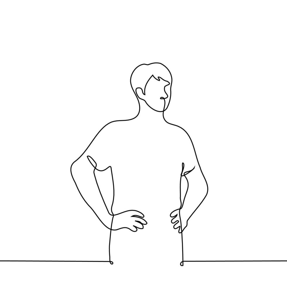 Mens staat met zijn handen Aan zijn heupen - een lijn tekening vector. concept luister of observeren in een zelfverzekerd houding vector