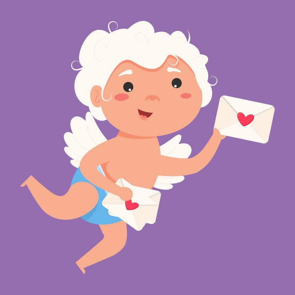 valentijn cupido liefde speelse engel. schattige jongen of meisje cupido. vliegende engel liefde envelop uitnodiging. vector