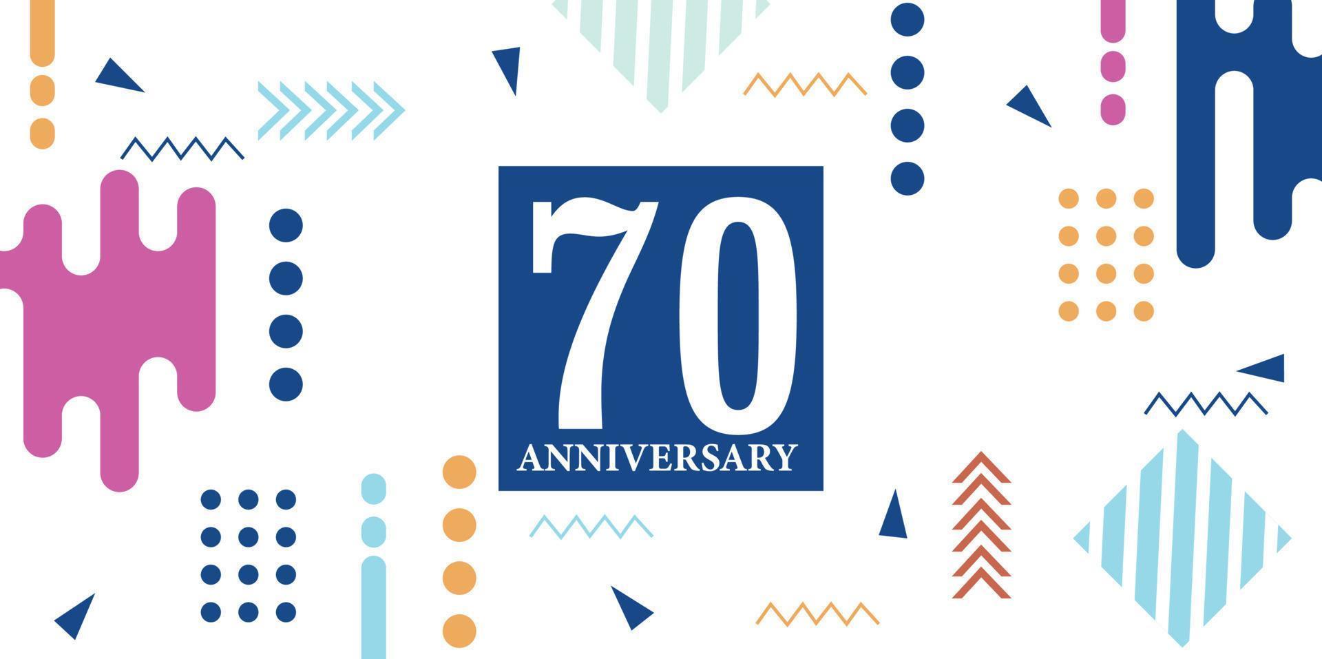 70 jaren verjaardag viering logotype wit getallen doopvont in blauw vorm met kleurrijk abstract ontwerp Aan wit achtergrond vector illustratie