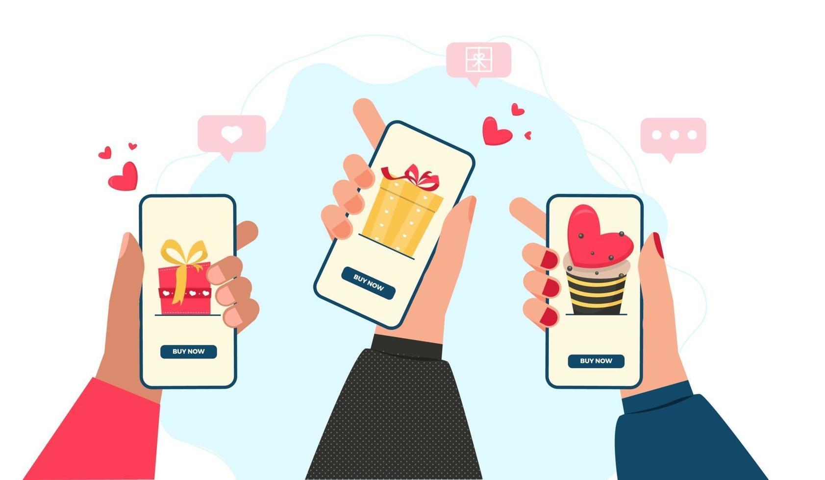 online Valentijnsdag shopping concept met handen en telefoons vector