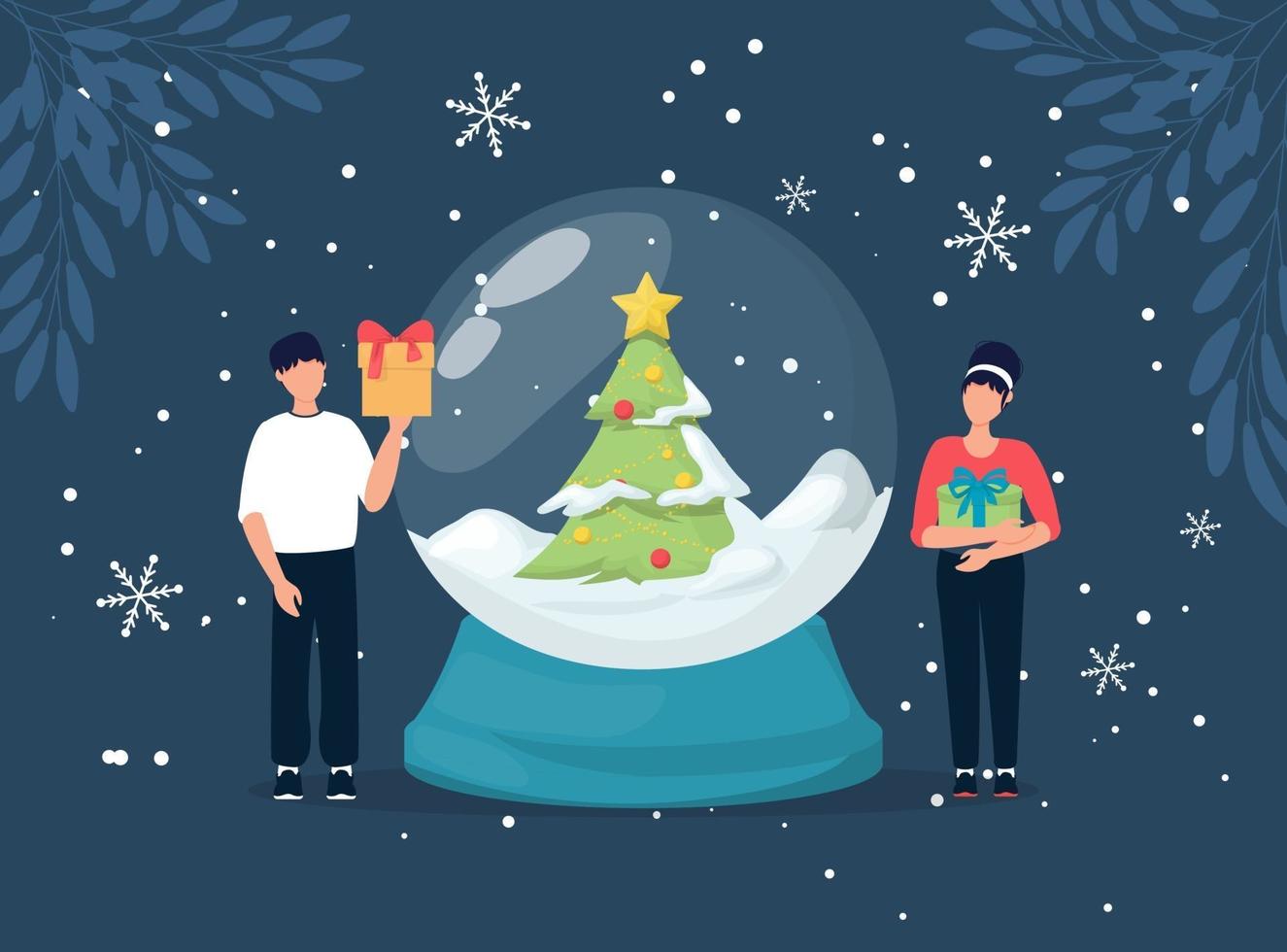 kerst concept. mensen sneeuwbol met vallende sneeuw en kerstboom, vectorillustratie. vector