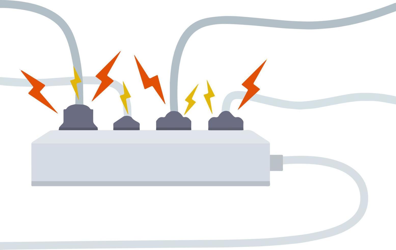 elektrisch circuit. schok, rood bliksem en geel vonken van de uitlaat. connector en plug. systeem overbelasten. de probleem met de apparaat. brand situatie met rook en veiligheid. vector