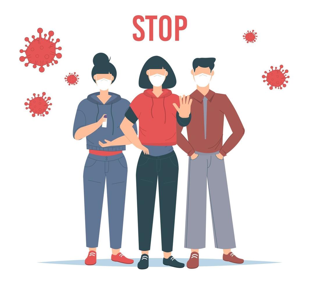 stop het coronavirus. covid-19 uitbraak vector illustratin. mensen die een gezichtsmasker dragen.