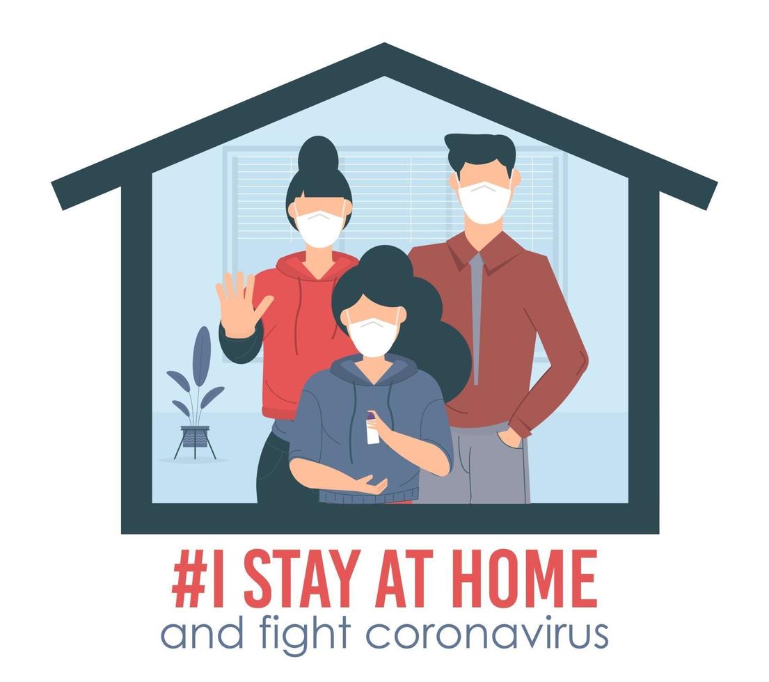 ik blijf thuis bewustmakingscampagne sociale media en coronaviruspreventiefamilie die samen thuis blijft. vector