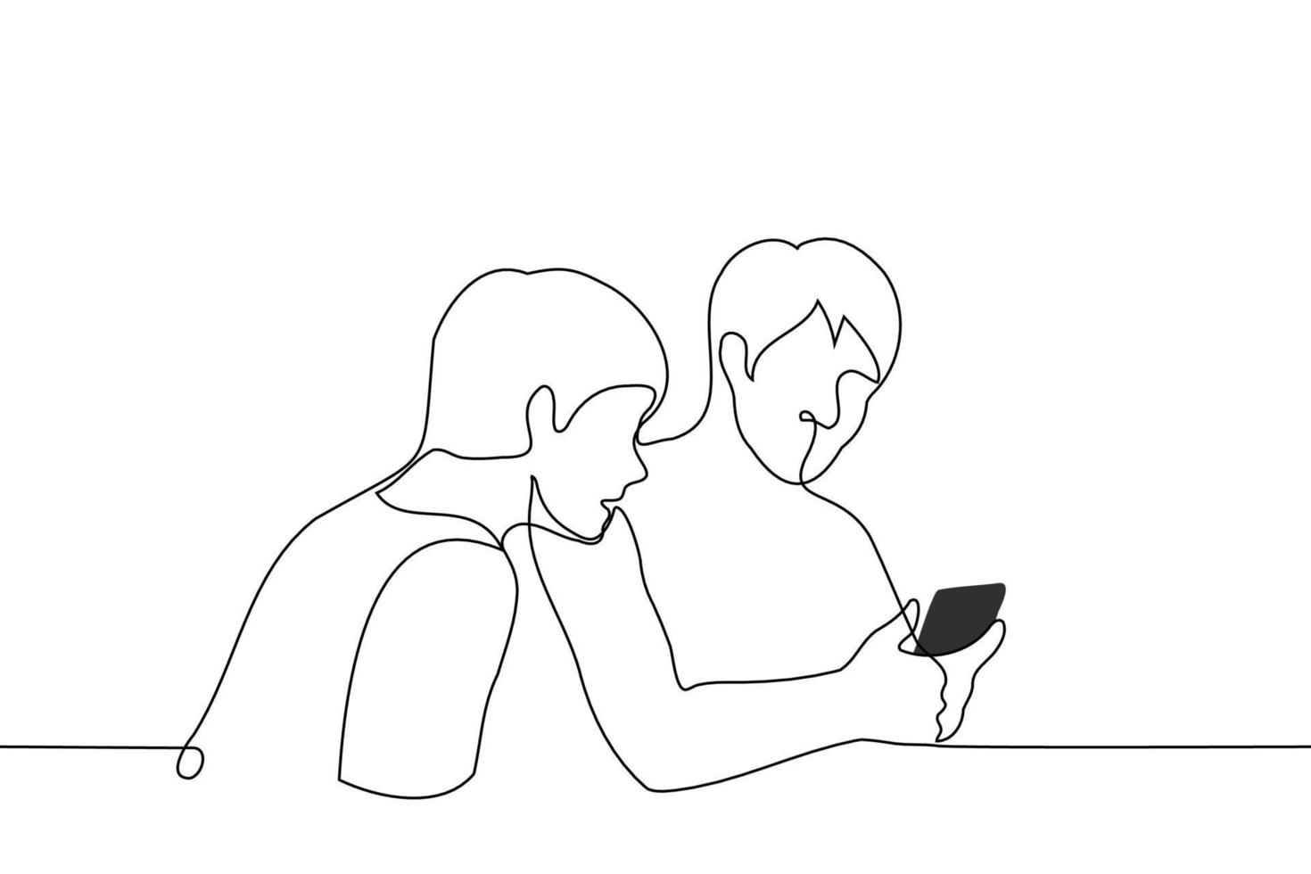 Mens looks in een onbekenden telefoon - een lijn tekening vector. concept kijkje in iemand anders' telefoon vector