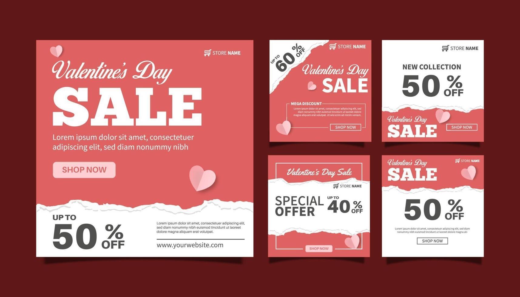 set van valentijnsdag verkoop banner promotie, kortingsmarketing voor sociale media post sjabloonverzameling. webbanner reclame-ontwerp vector