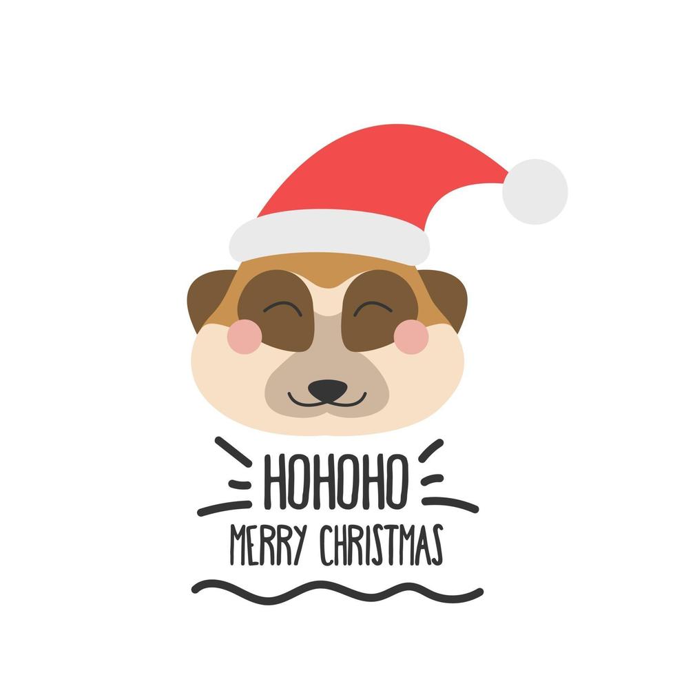 schattig grappig gezicht van een meerkat in een kerstmuts met de inscriptie vrolijk kerstfeest. vector vlakke stijl op een witte achtergrond