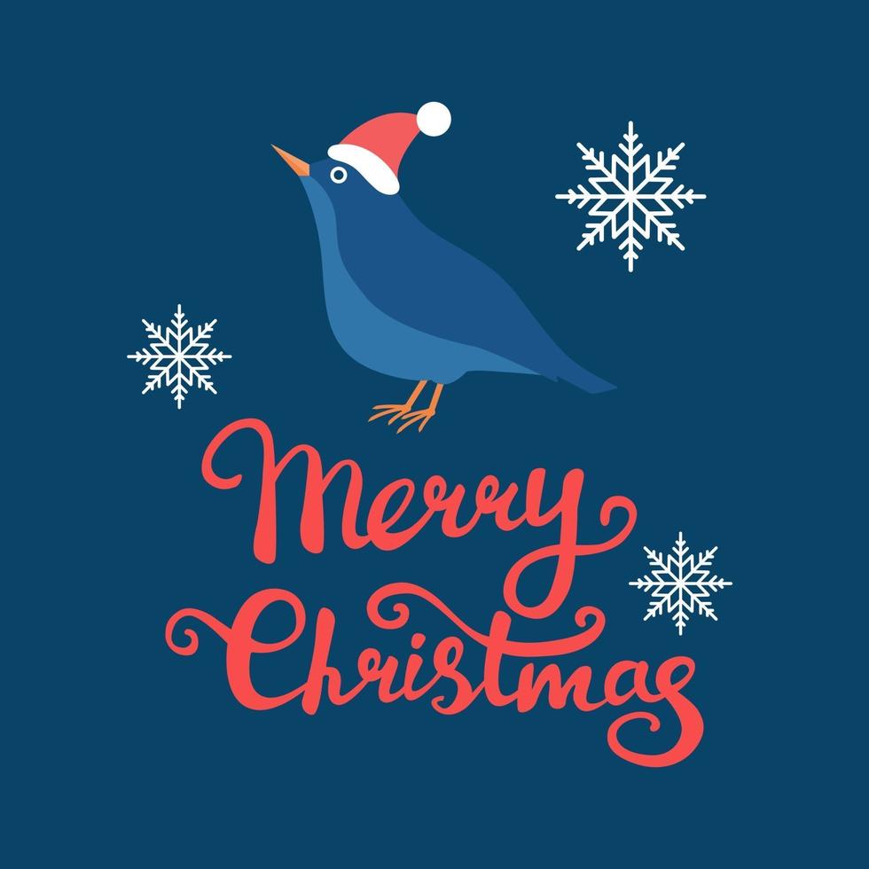 vector afbeelding van een vogel in een kerstmuts met witte sneeuwvlokken op een donkere achtergrond en merry christmas tekst
