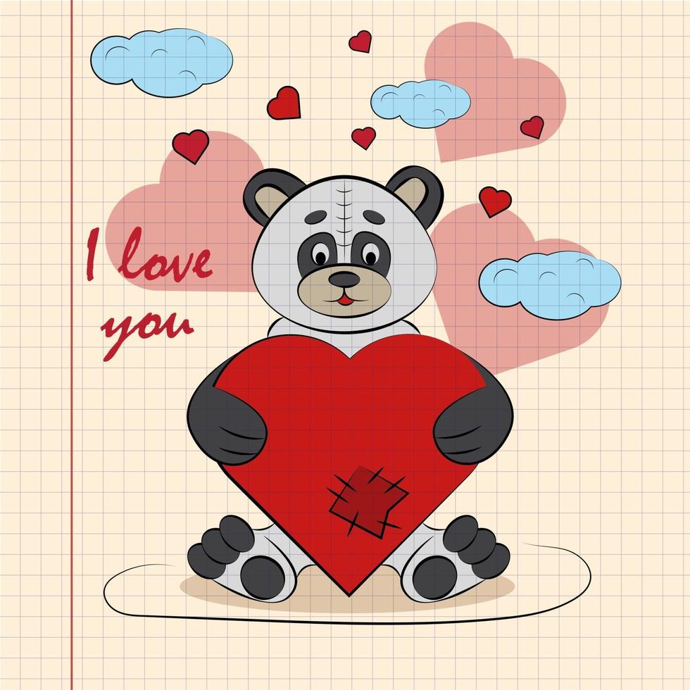 kinder illustratie met kleine panda knuffelen hart met ik hou van jou vector