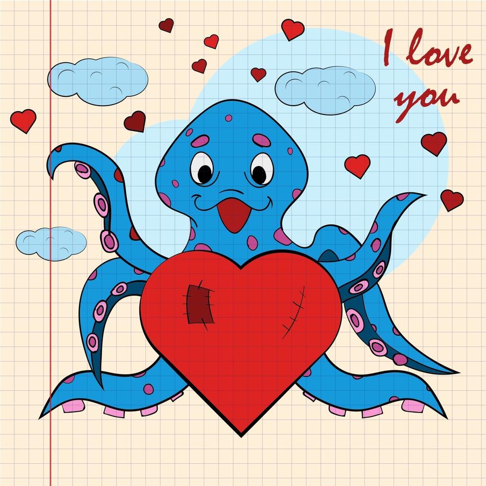 kinder illustratie met kleine octopus knuffelen hart met ik hou van jou vector