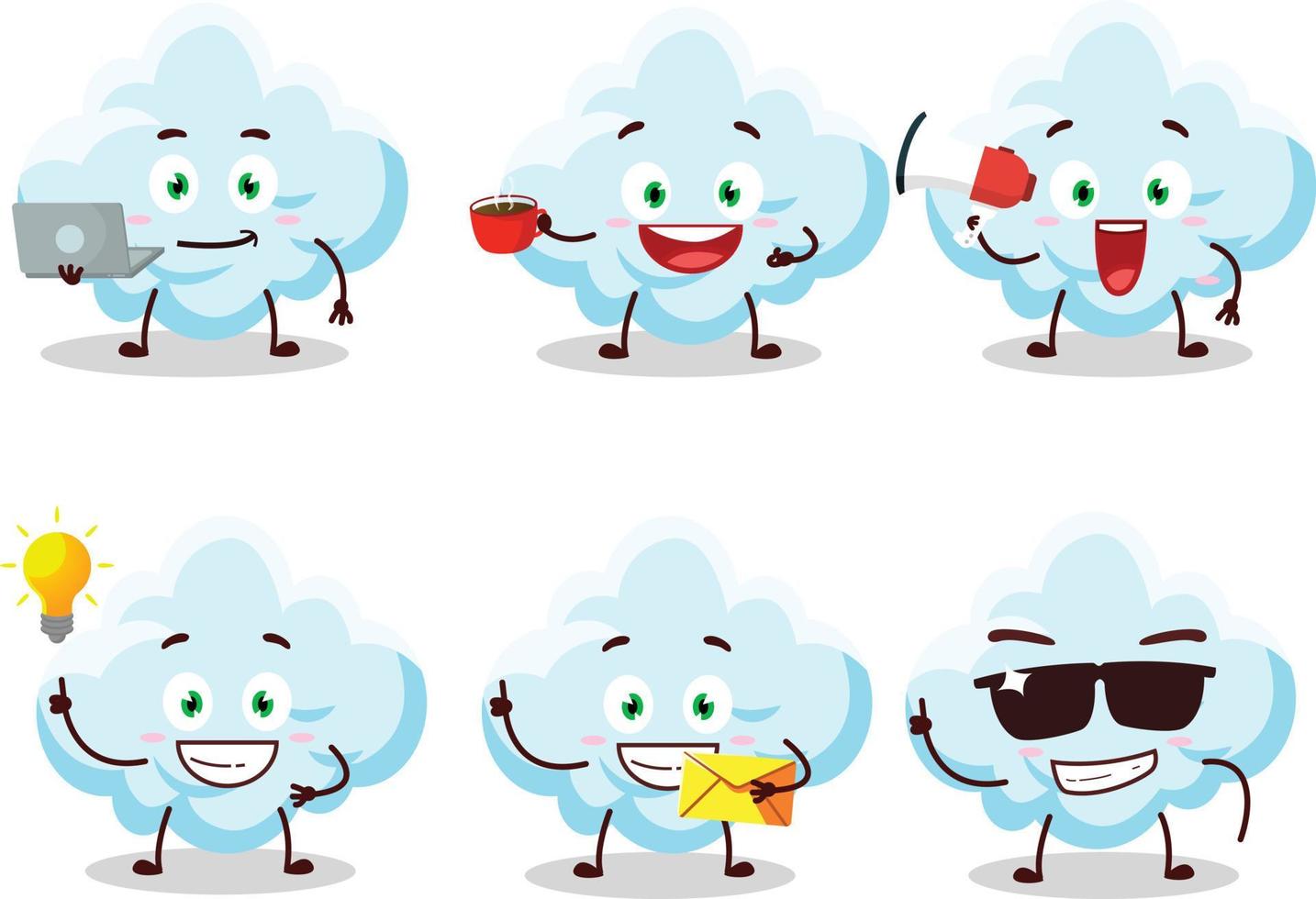 wolk tekenfilm karakter met divers types van bedrijf emoticons vector