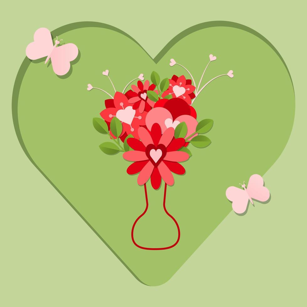 de boeket van verschillend bloemen met vlinders in de groot hart. roze bloemen in de vaas, ontworpen in papier vouwen stijl Aan een groen achtergrond. papier besnoeiing vector illustratie