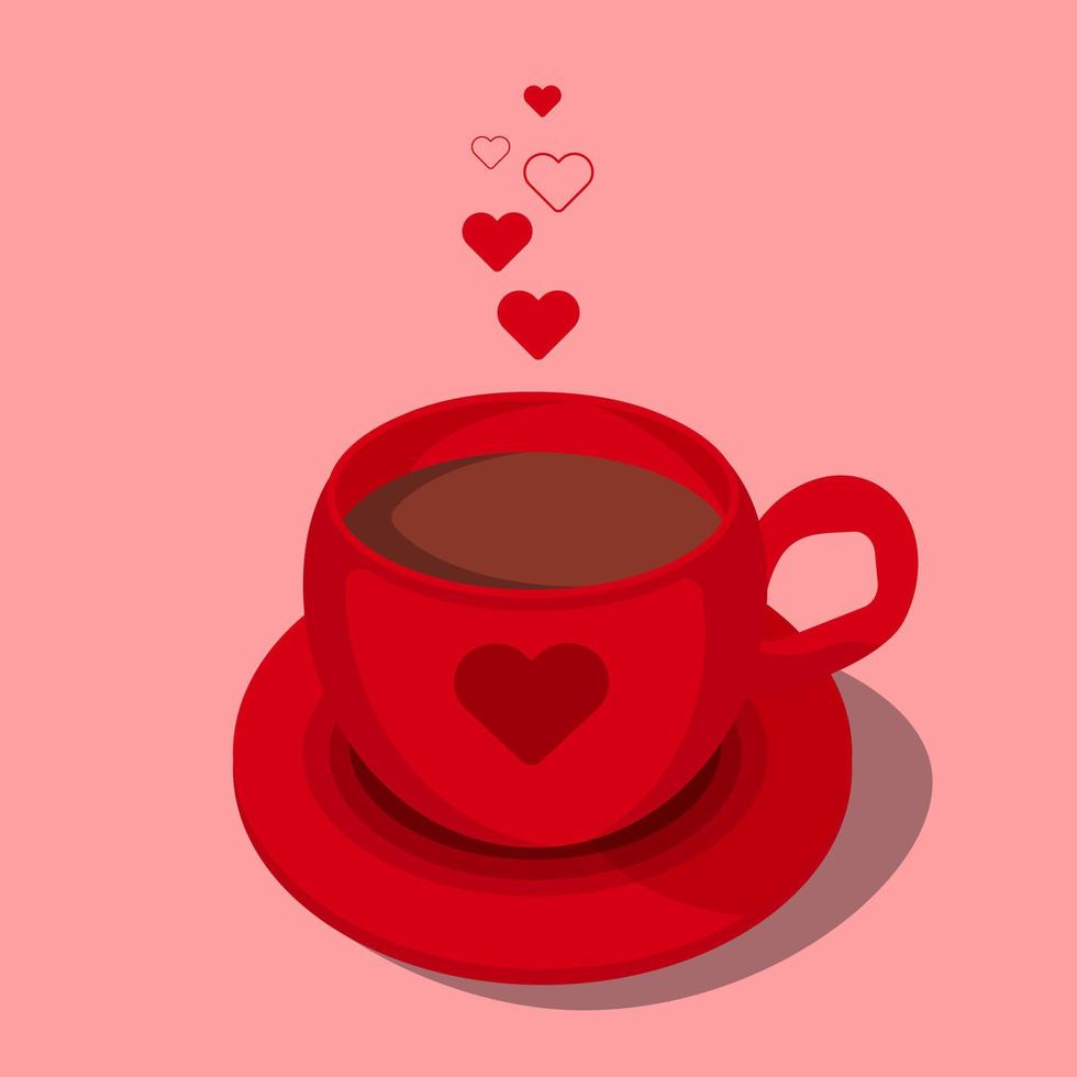 rood kop van heet chocola met hart ornament en stoom- Leuk vinden de vorm van weinig harten. liefde groet kaart vector illustraties, geïsoleerd ontwerp elementen