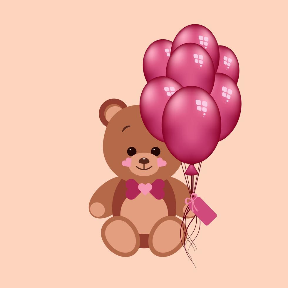 zoet teddy met een boog stropdas en Purper ballen zittend Aan beige achtergrond vector