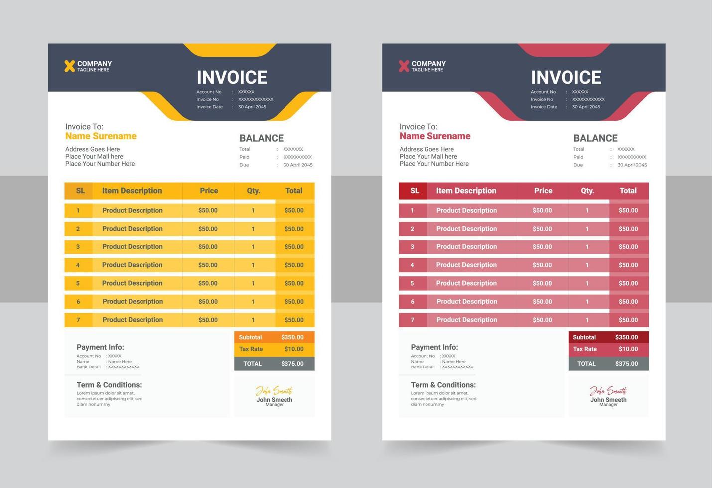 bedrijf factuur sjabloon. facturering citaten, geld rekeningen of prijs facturen en betaling overeenkomst ontwerp sjabloon vector