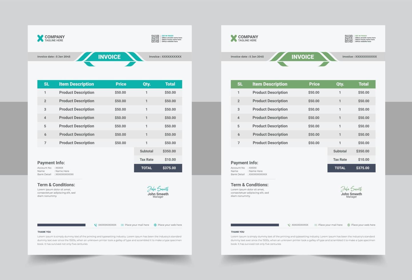 bedrijf factuur sjabloon. facturering citaten, geld rekeningen of prijs facturen en betaling overeenkomst ontwerp sjabloon vector