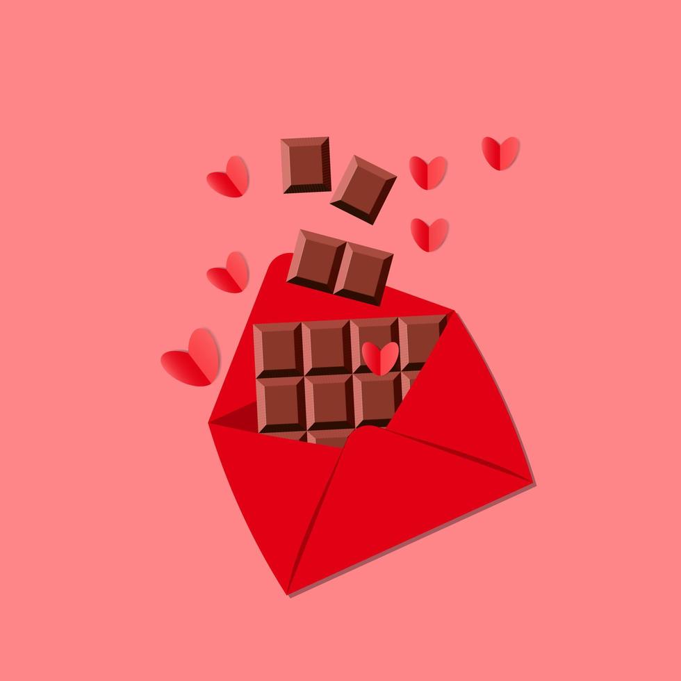 rood envelop met rood harten en chocola stukken geïsoleerd Aan roze achtergrond. liefde concept vector