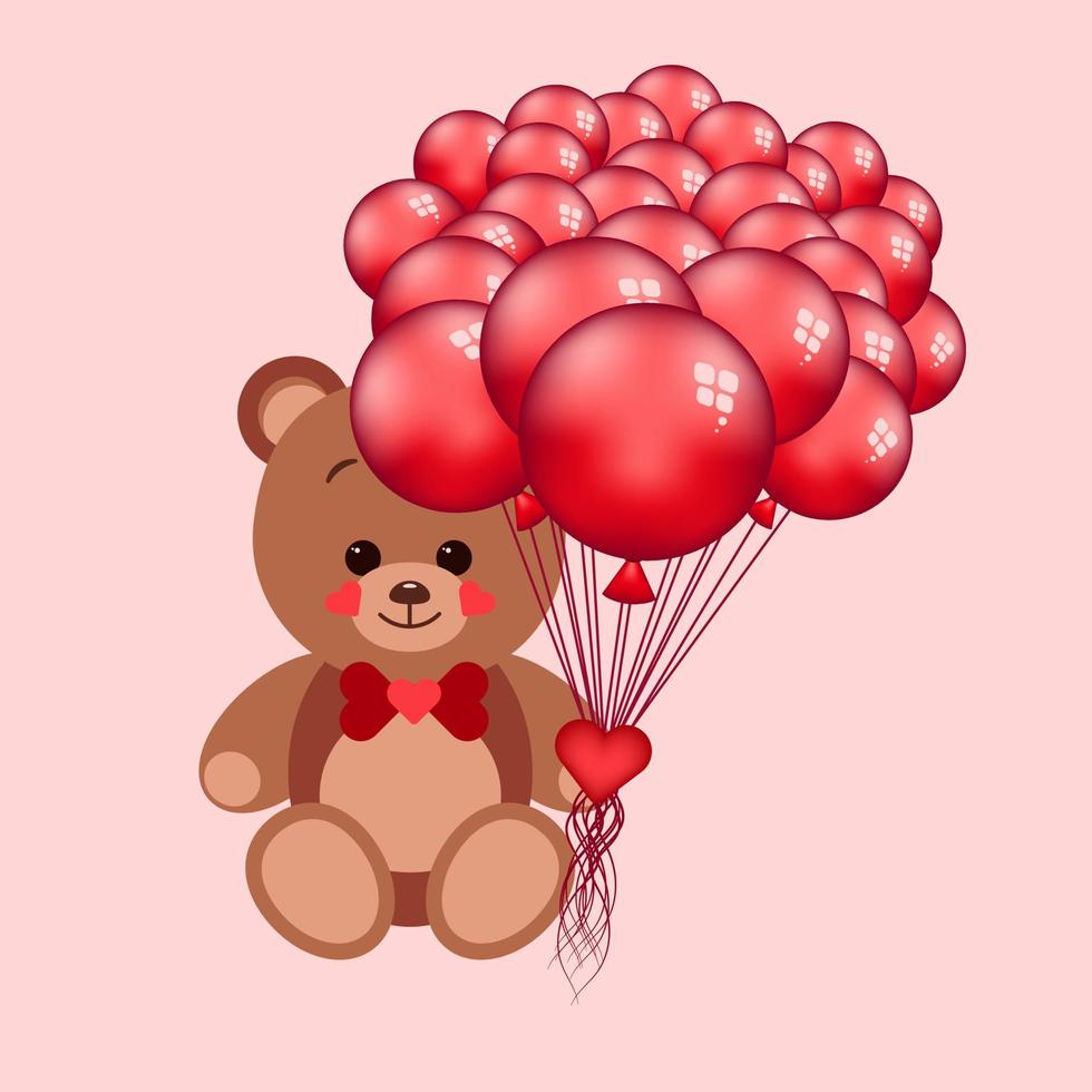 zoet teddy met een boog stropdas en rood ballen zittend Aan roze achtergrond vector