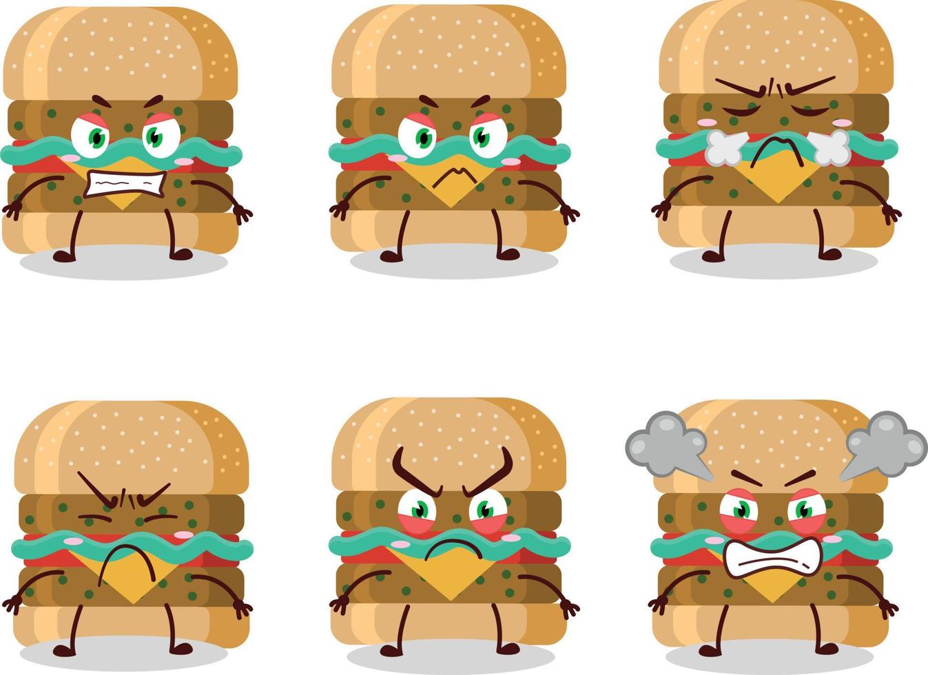 Hamburger tekenfilm karakter met divers boos uitdrukkingen vector