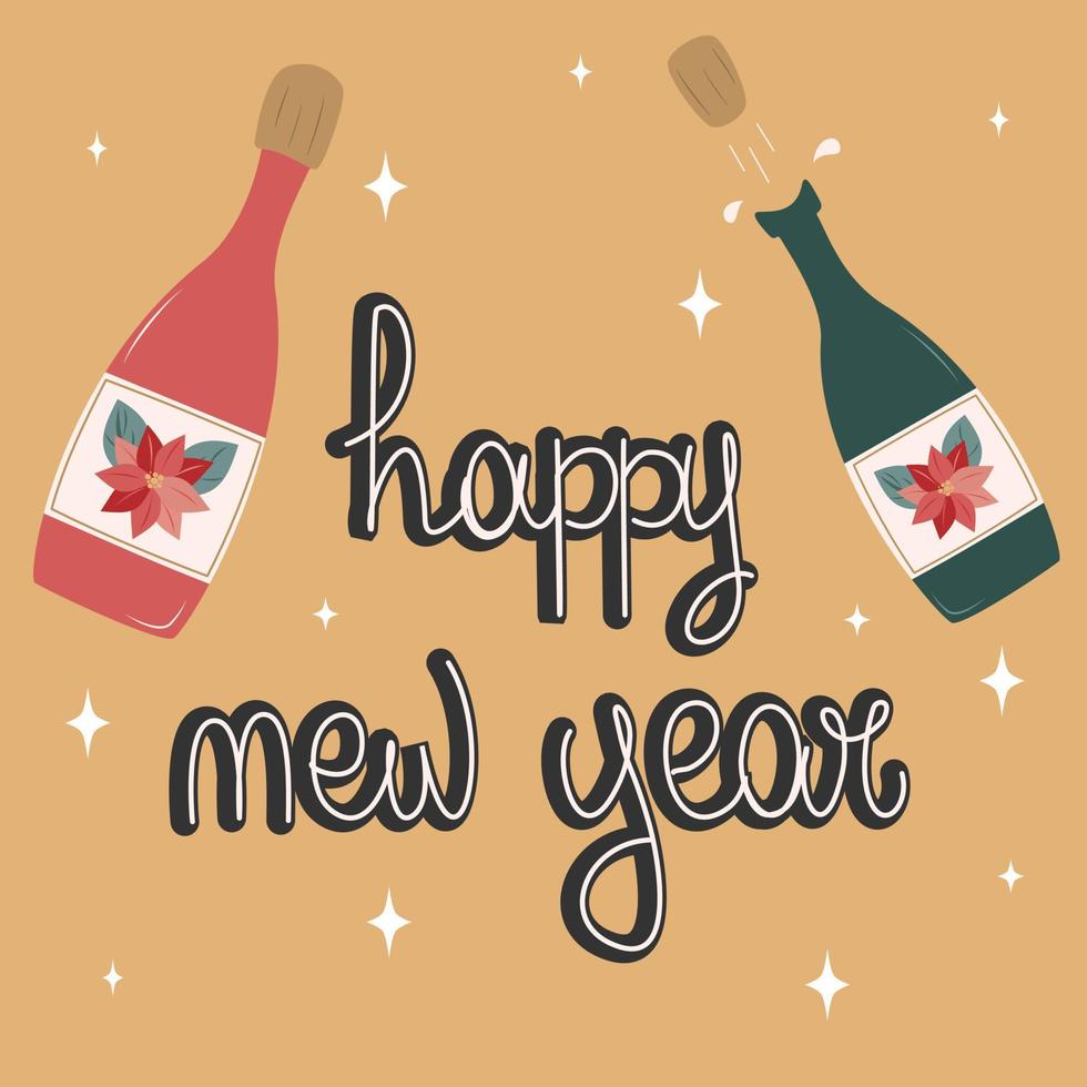 schattig tekenfilm concept vector vakantie illustratie in vlak stijl ontwerp met hand- getrokken belettering gelukkig nieuw jaar tekst en Champagne flessen