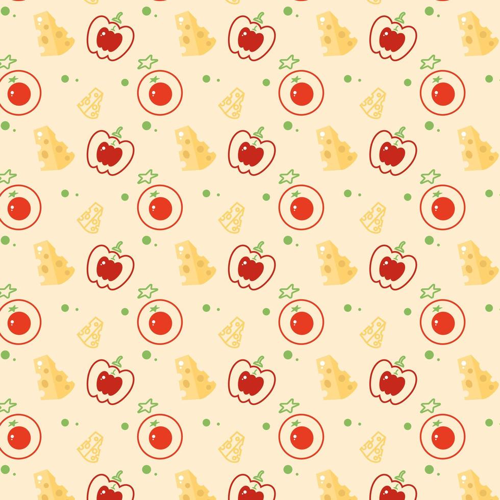 naadloos patroon met tomaat, klok peper, en moeilijk kaas. ontbijt behang Aan een beige achtergrond. schets kleur vector illustratie.