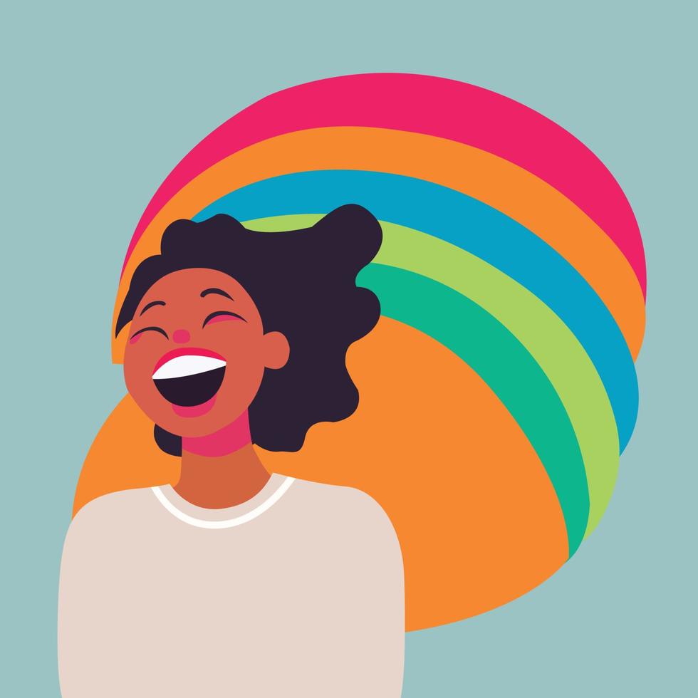 een tekenfilm van een vrouw met een regenboog achter haar met woorden wereld gelach dag vector
