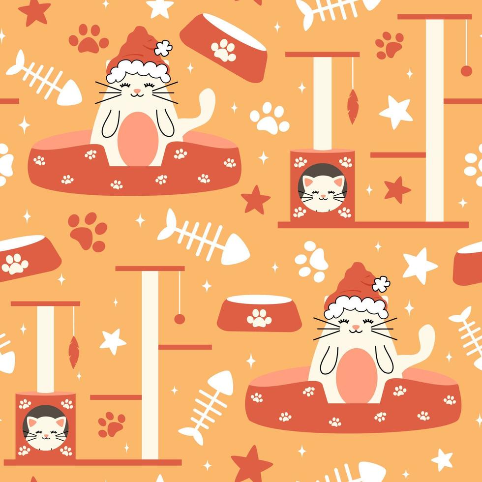 schattig Kerstmis naadloos vector patroon achtergrond illustratie met kat met de kerstman claus hoed, krabben na, sterren, poot prints en vis botten