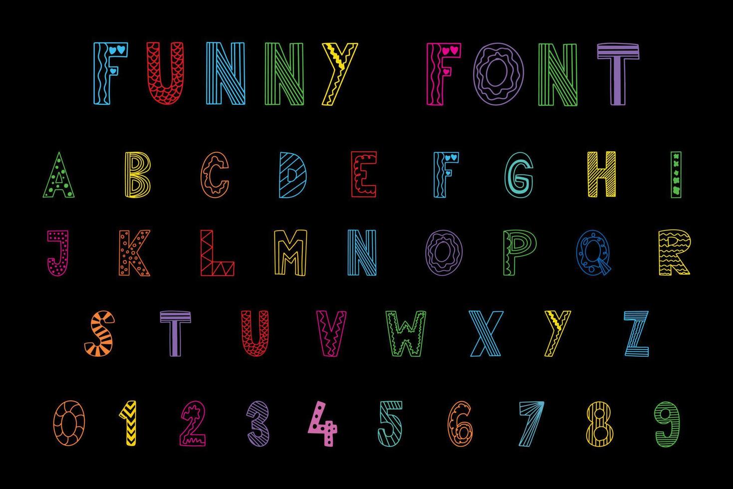 az alfabet brieven en 0-9 getallen feestelijk een d grappig doopvont vector en illustratie