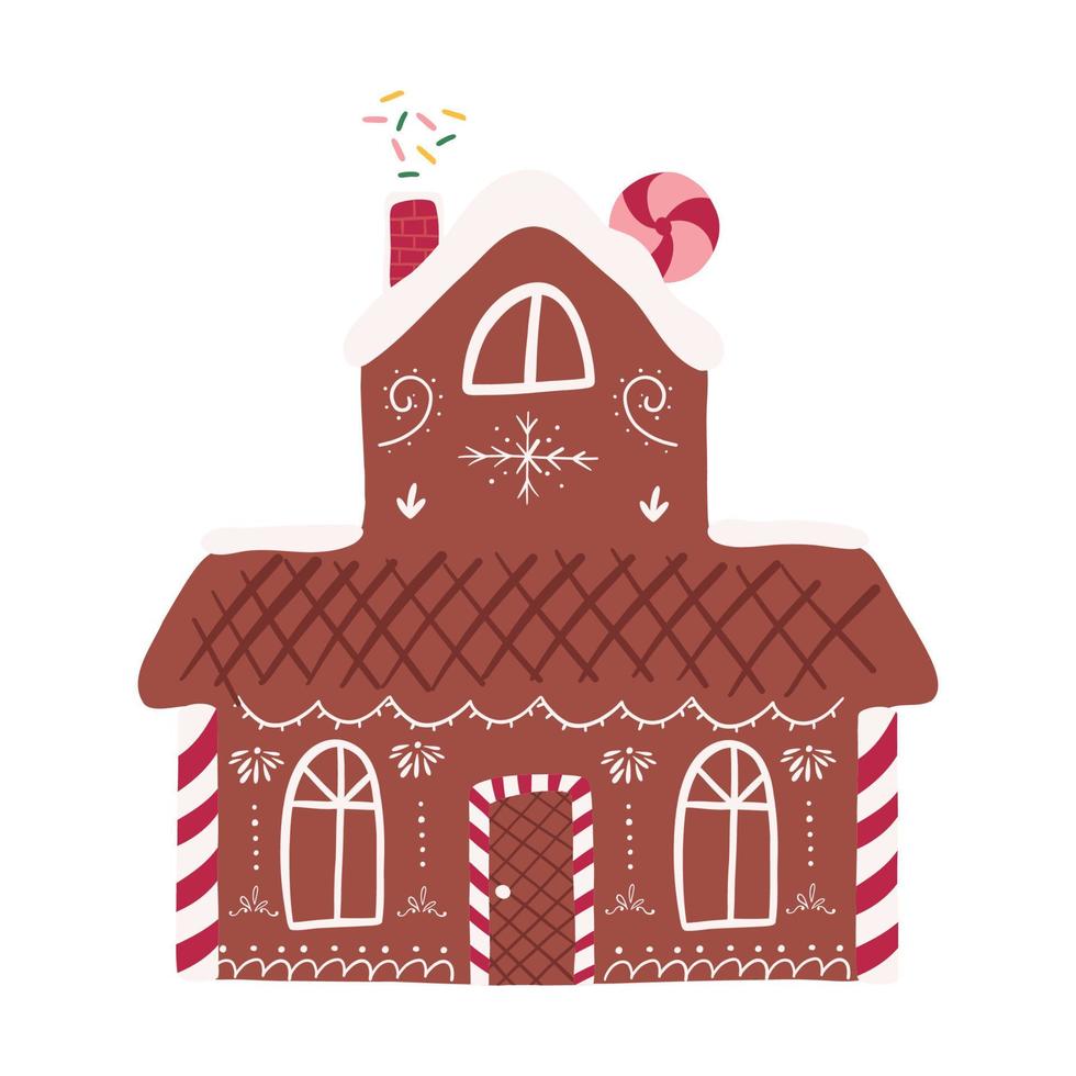 schattig peperkoek huis met hand- getrokken suikerglazuur decoraties, vlak vector illustratie geïsoleerd Aan wit achtergrond. tekenfilm Kerstmis element.