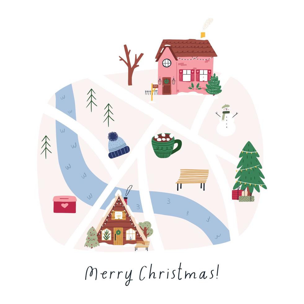 vrolijk Kerstmis groet kaart met schattig kaart van de stad - tekenfilm vlak vector illustratie geïsoleerd Aan wit achtergrond. hand- getrokken huizen met winter decoraties, rivier- en wegen.