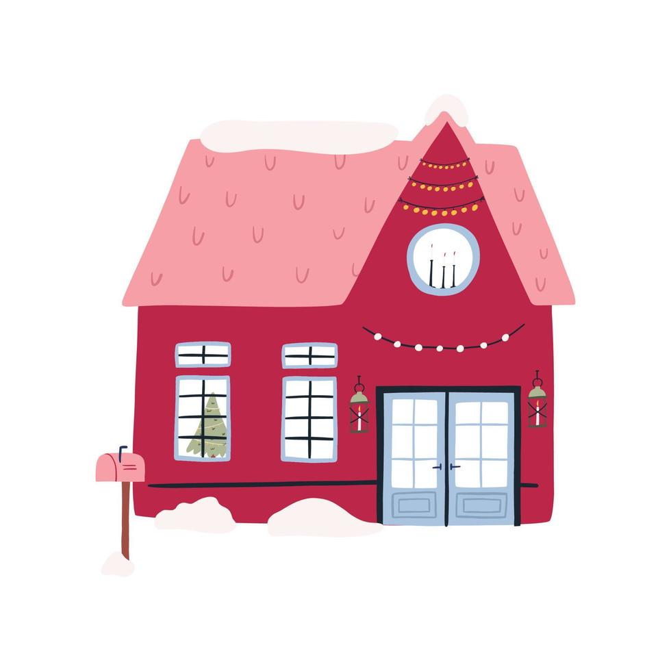 schattig winter vakantie huis, tekenfilm vlak vector illustratie geïsoleerd Aan wit achtergrond. roze huis met versierd Kerstmis boom en fee lichten. hand- getrokken gebouw in sneeuw.