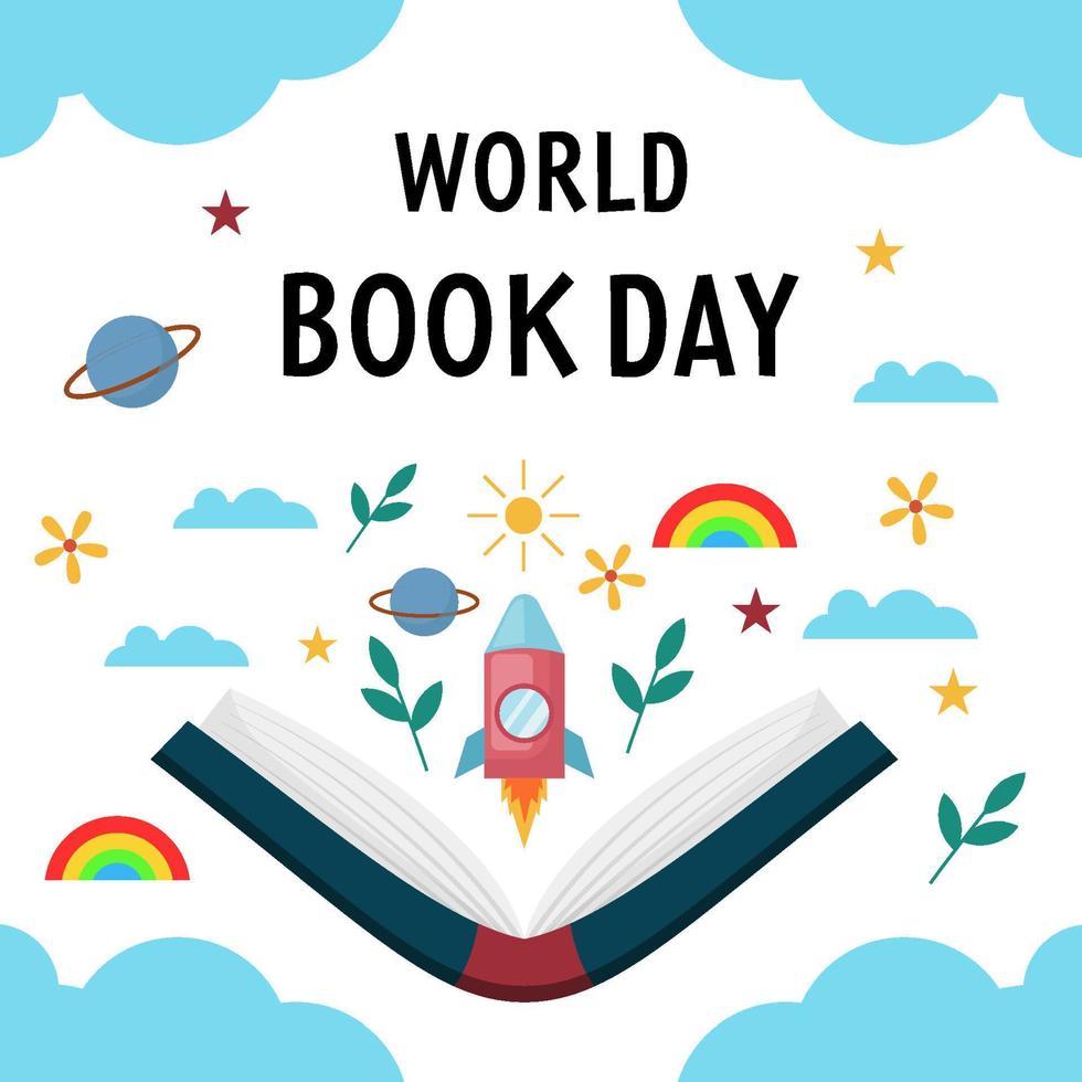 vlak ontwerp wereld boek dag illustratie met wolken, raket, zon, regenboog, en planten vector