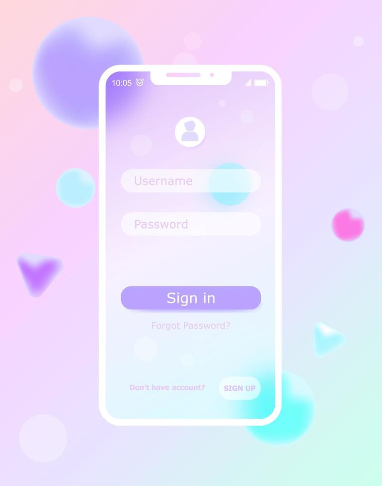 log in en teken omhoog ui ux scherm ontwerp. smartphone afbeelding, glas structuur app, bladzijde binnenkomst vector