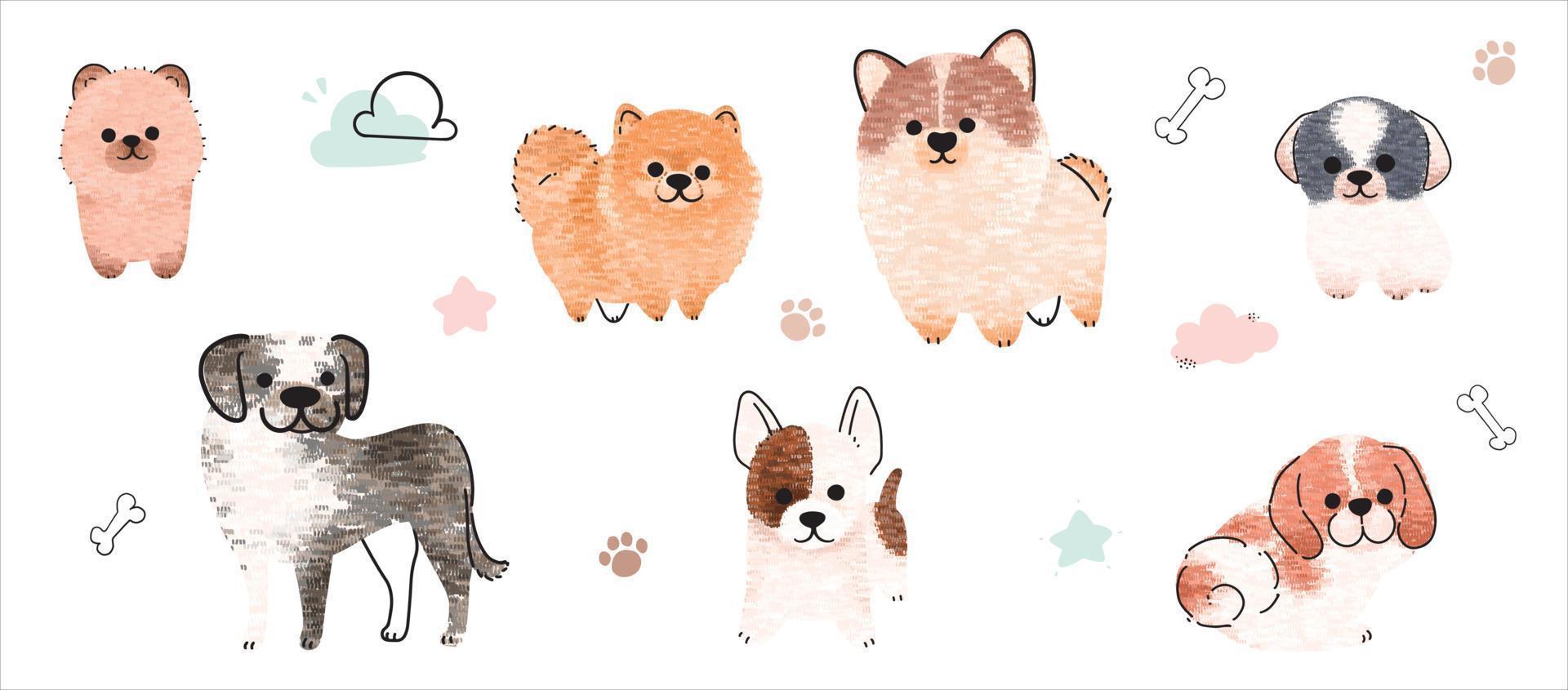 schattig honden vector set. tekenfilm hond of puppy tekens ontwerp verzameling met vlak kleur in verschillend poseert. reeks van grappig huisdier dieren geïsoleerd Aan wit achtergrond.