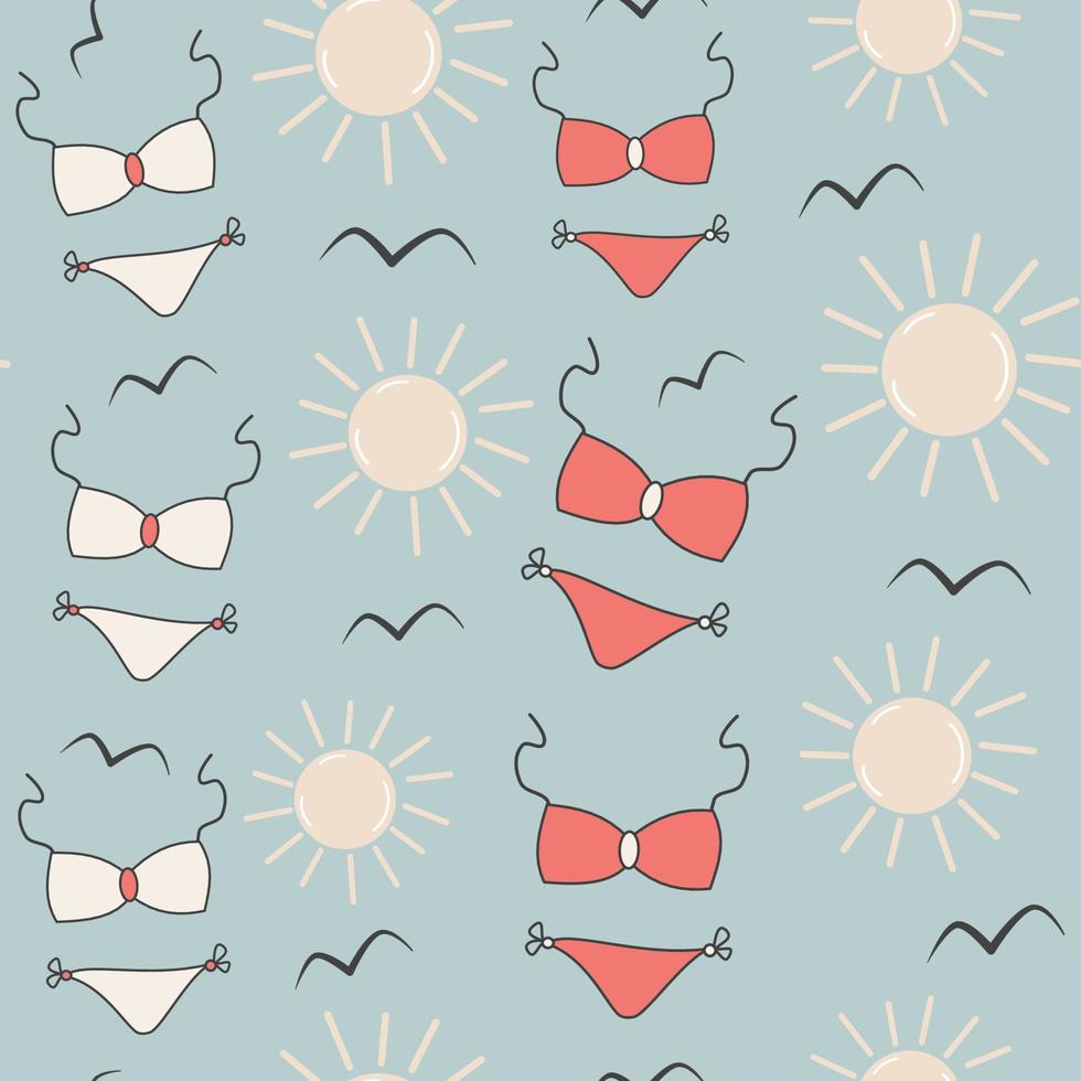 schattig tekenfilm abstract rood en wit bikini naadloos vector patroon achtergrond illustratie met zon en vogelstand silhouet