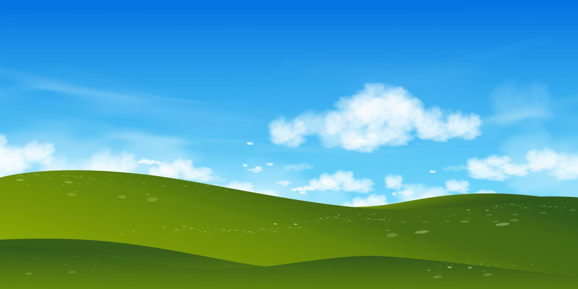 voorjaar natuur achtergrond van groen veld- landschap met blauw hemel, horizon zomer landelijk met gras land- Aan heuvels met ochtend- hemel.vector tekenfilm banier voor pasen, aarde dag, ecologie concept vector