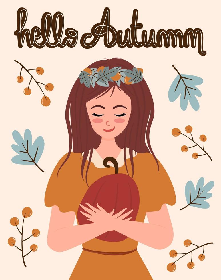 schattig tekenfilm karakter meisje Holding pompoen met bladeren kroon, Hallo herfst hand- tekening belettering tekst vallen vector achtergrond illustratie