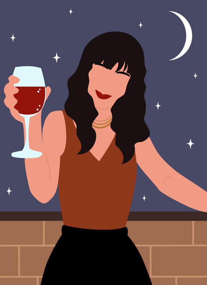 mooi abstract boho vrouw portret met glas van wijn modern modieus vector poster illustratie met hand- getrokken sterrenhemel nacht achtergrond