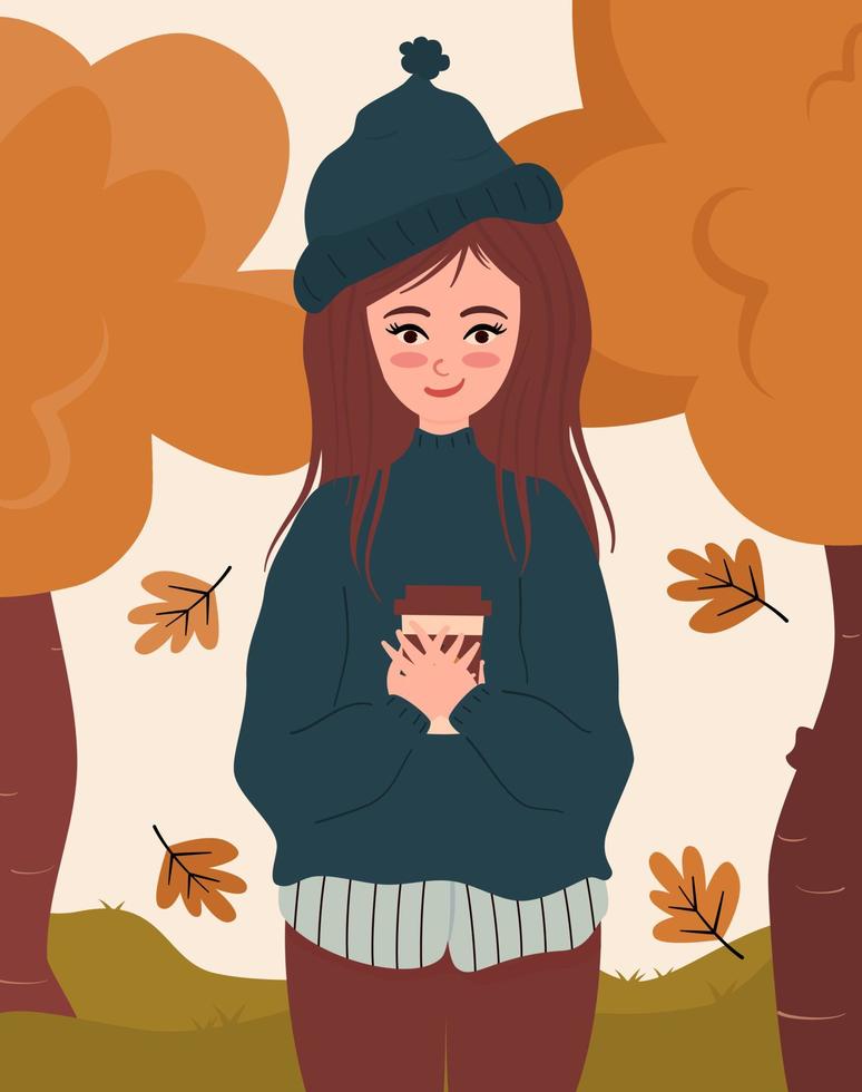 schattig tekenfilm karakter meisje Holding koffie in een park met bomen herfst vallen vector achtergrond illustratie