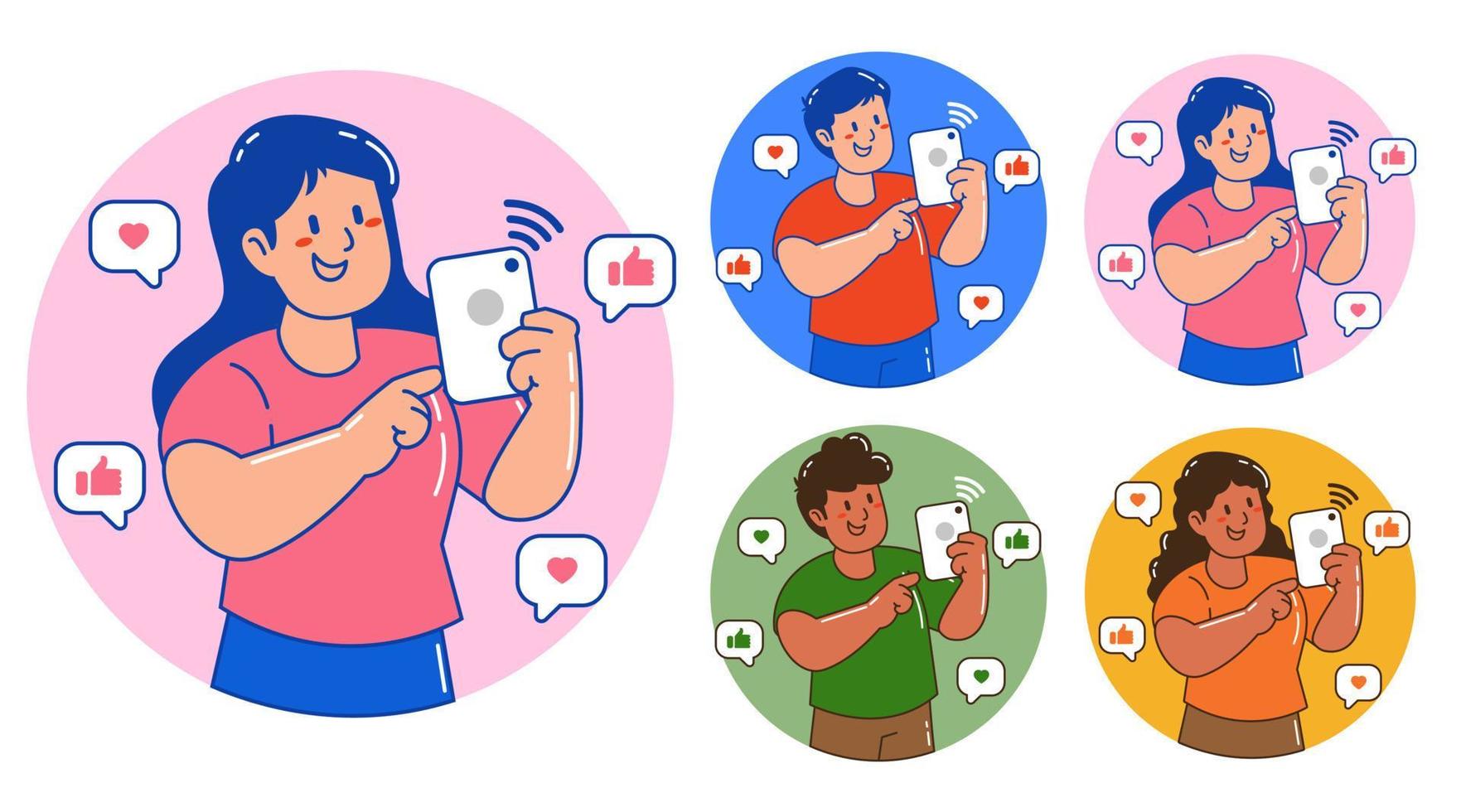 een vrouw en Mens Holding smartphones en gebruik makend van sociaal media vector